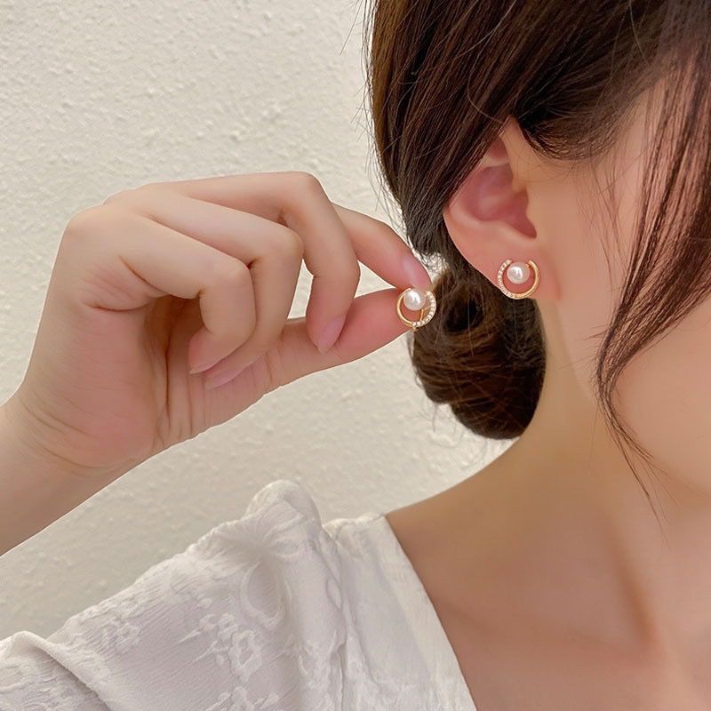 金框氣質鋯石珍珠耳環